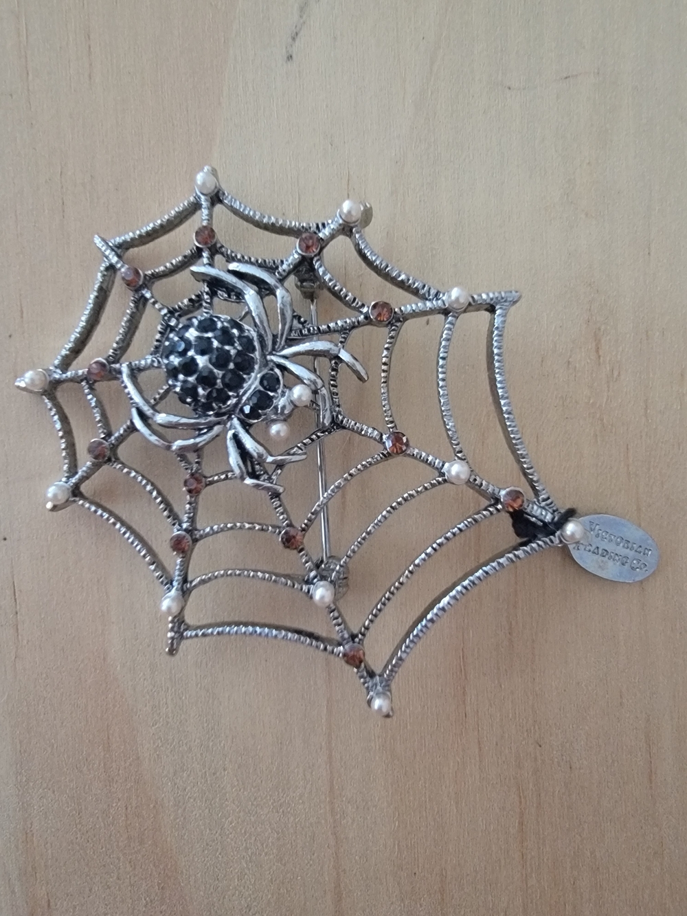 Victorian Trading Co. Rhinestone Faux Pearl Spider in Web Brooch
